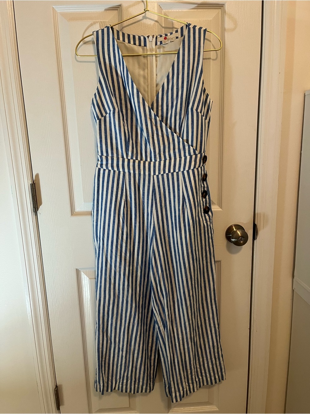 Boden Blue White Stripe Linen Blend Culotte Jumpsuit Petite 4 Coastal Chic - Picture 8 of 8